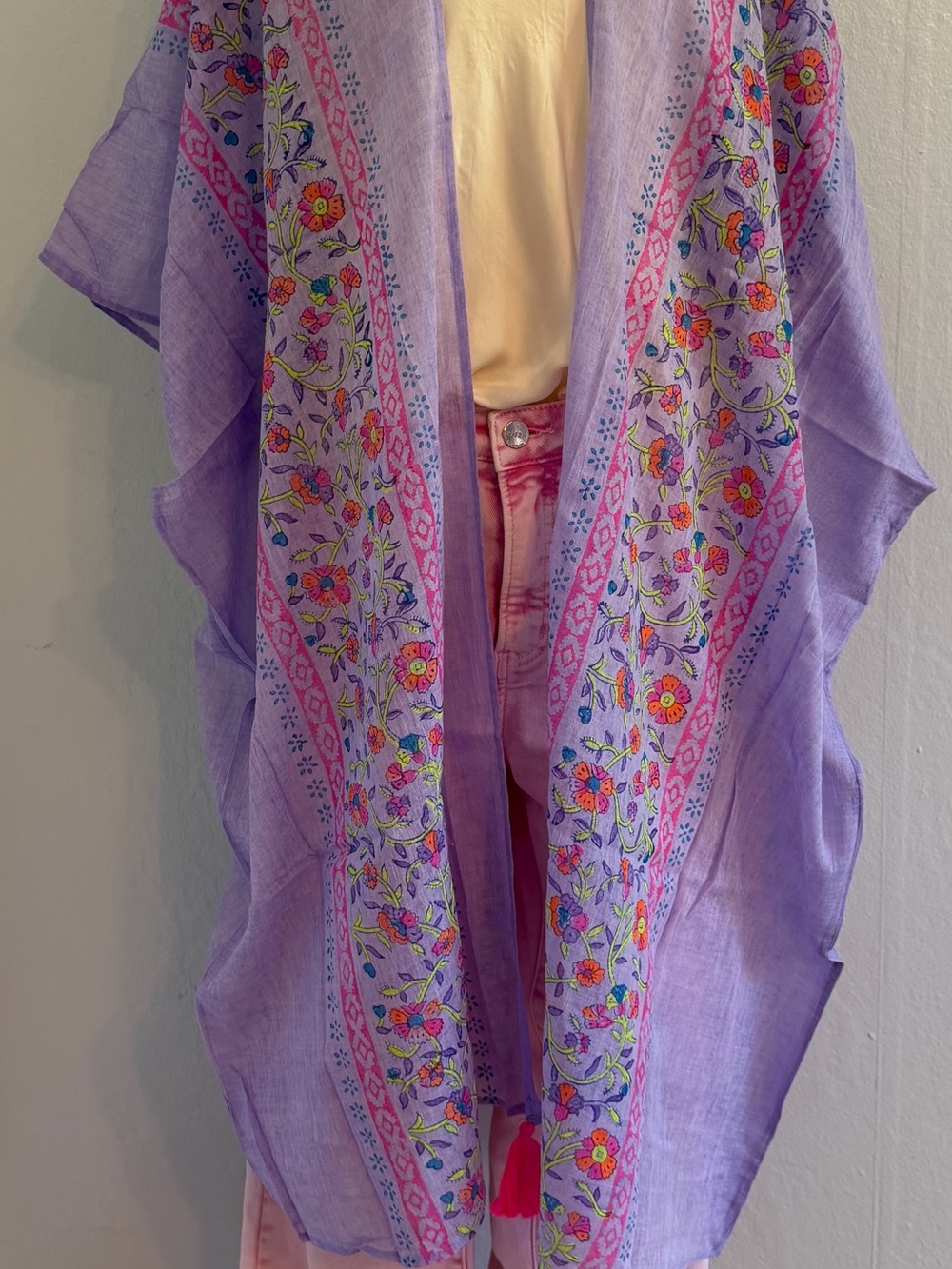 92~NWT Hand Stencil Lavender Floral Embroidered Kimono Cover-Up OS